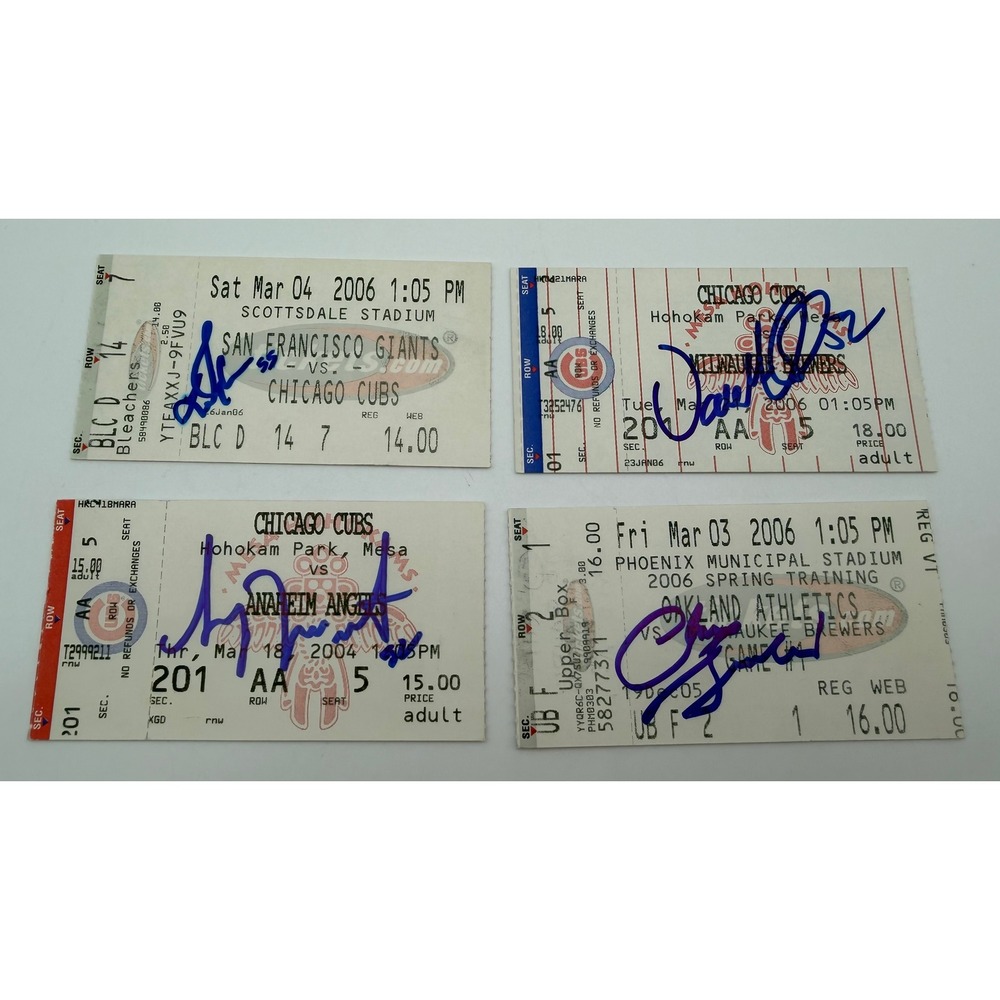 Lot of 4 Signed MLB Spring Training Ticket Stubs Cubs Giants A's Brewers 04-06